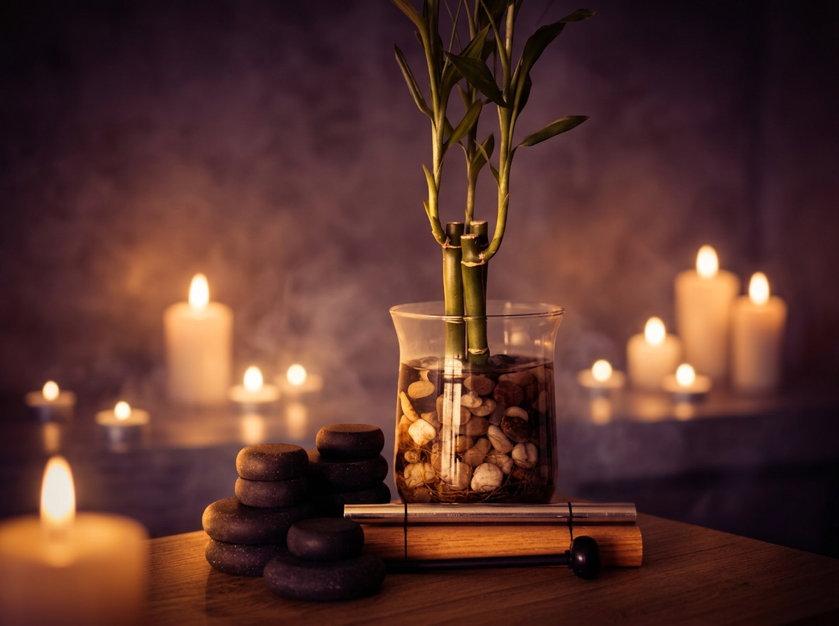 Stack of black basalt stones with bamboo and chime in candlelight