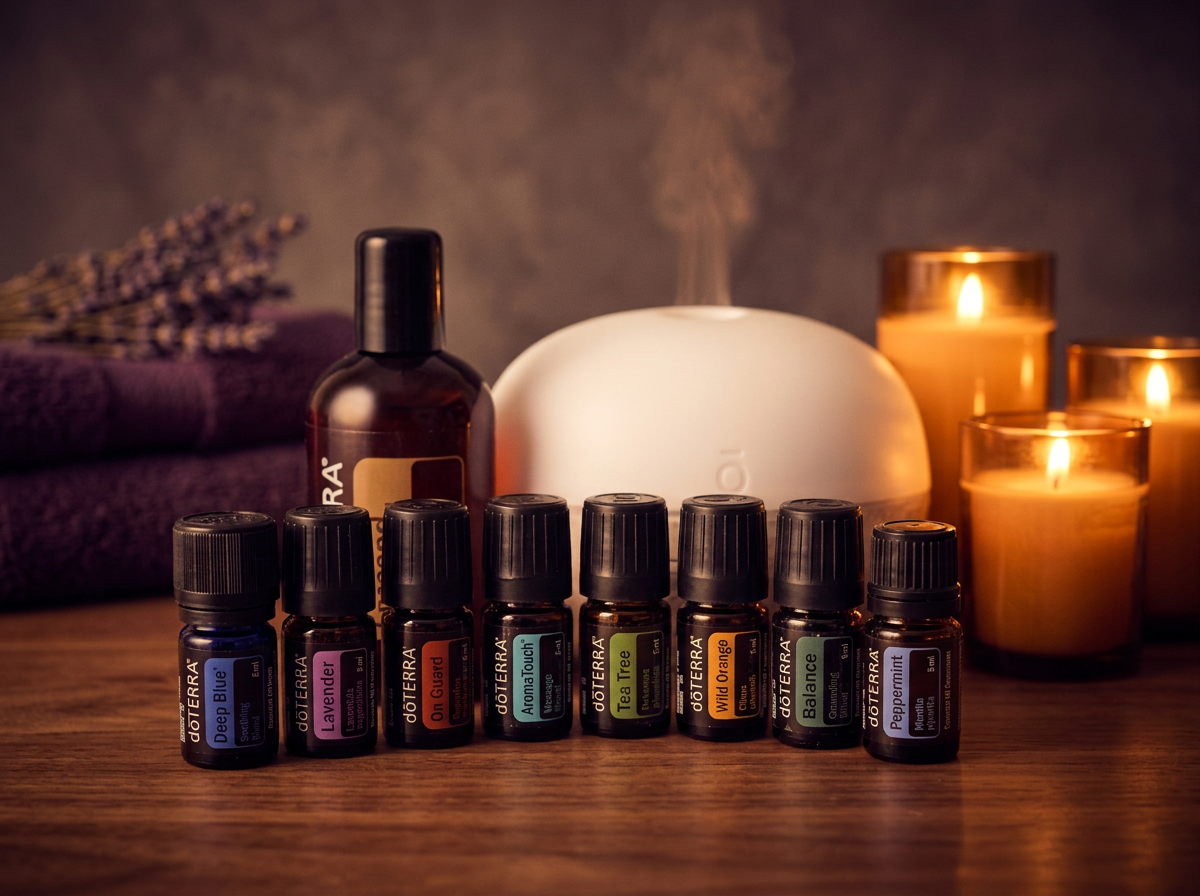 doTERRA essential oils and diffuser in a warm candlelit spa setting