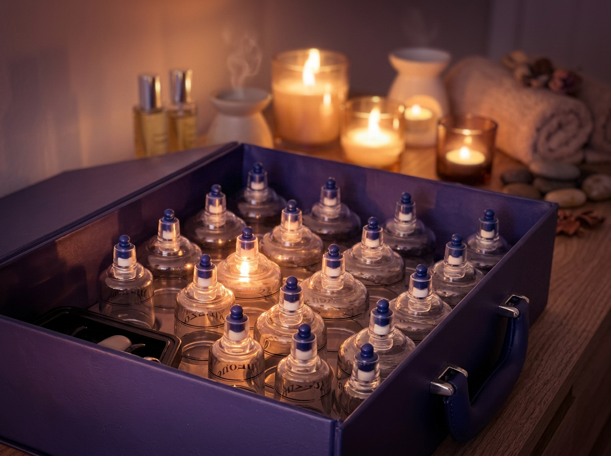 Glass cupping therapy set in violet case beside candles