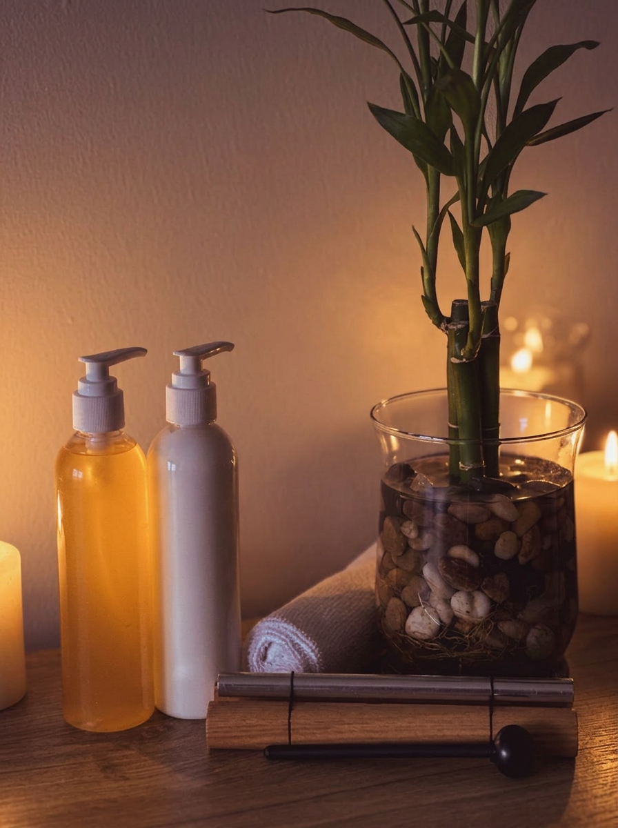 Calming spa scene with candles, rolled towels, and stones