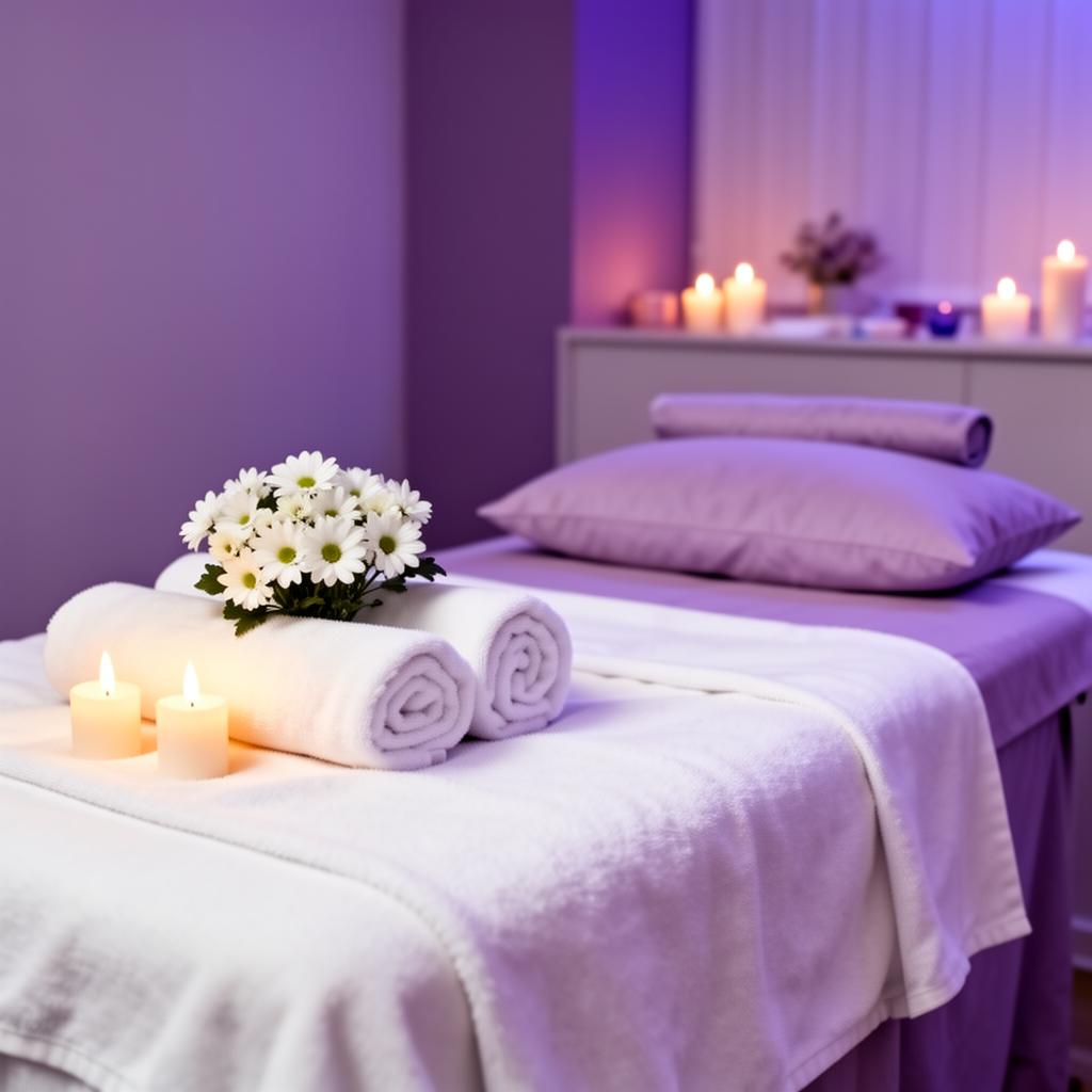 Serene prenatal massage setting with soft linens and candles